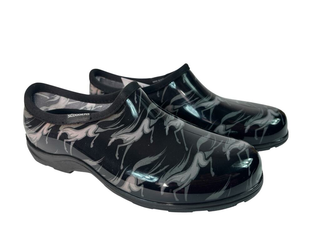 Sloggers Womens Size 11 Garden & Rain Shoes Waterproof Black Gray Horse Print